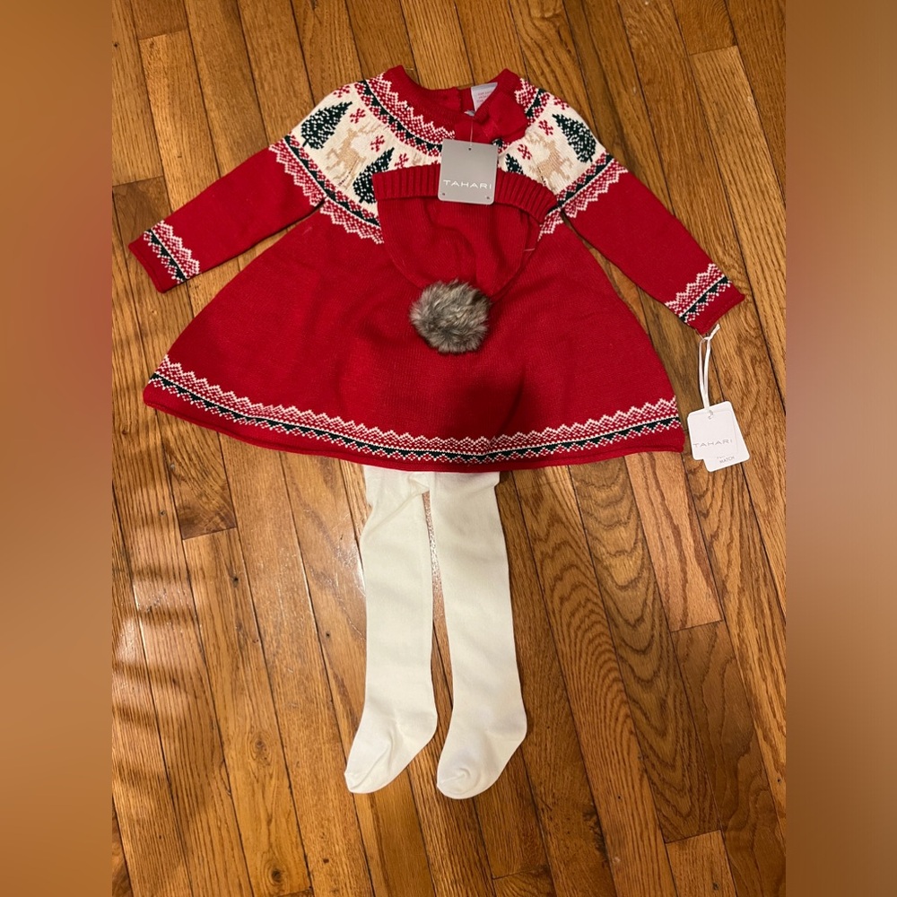 Tahari girls Christmas outfit with hat and tights. New with tags.